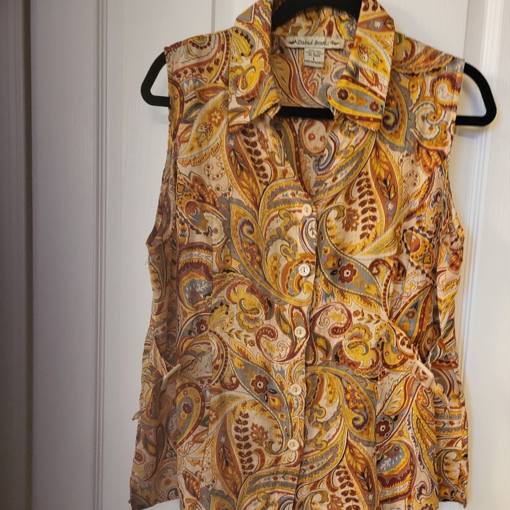 Coldwater Creek Yellow Tan Button Down Shirt 100% Linen Vintage Pre Owned